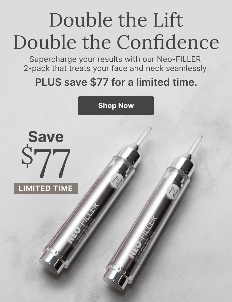 A 2-pack of Neo-FILLER tubes. Accompanying text mentions supercharging your skincare results with the Neo-FILLER 2-pack. Plus, save $77 for a limited time.